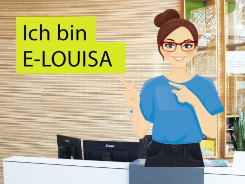 Das Bild zeigt den Empfang das Kundencenters der Stadtwerke Saarlouis mit einer Illustration von E-Louisa unserer digitalen Mitarbeiterin.