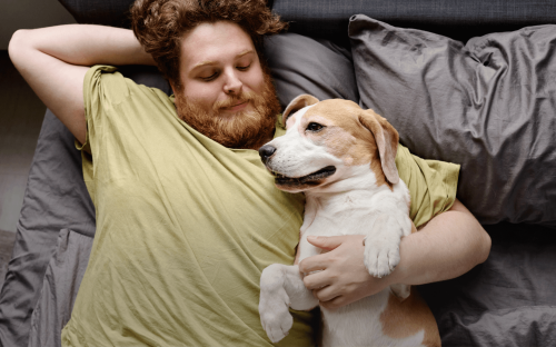 Ein Mann liegt in seinem Bett und kuschelt mit einem Hund.